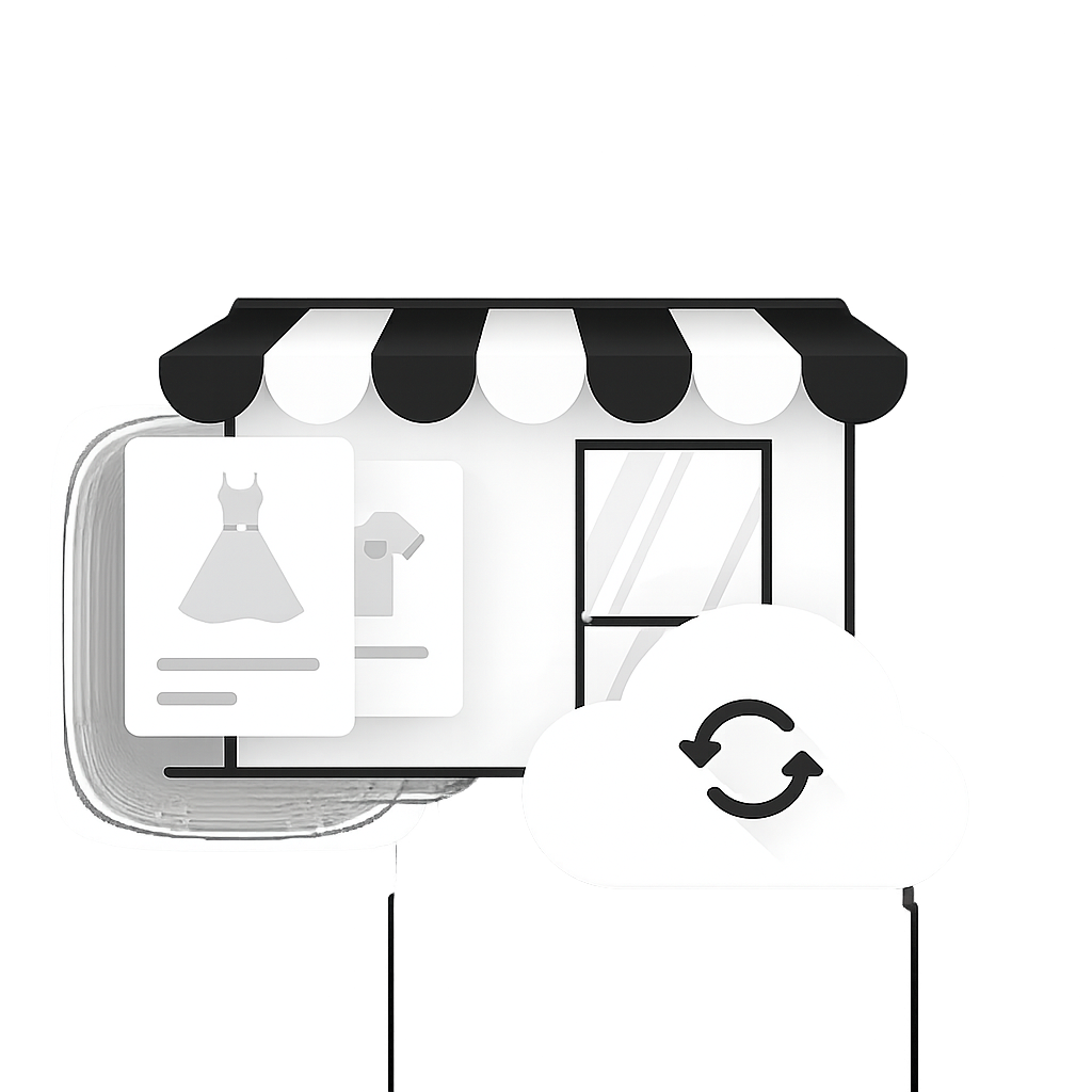 A black and white vector illustration of a boutique storefront with a striped awning, showing product cards and a cloud icon with a refresh symbol.